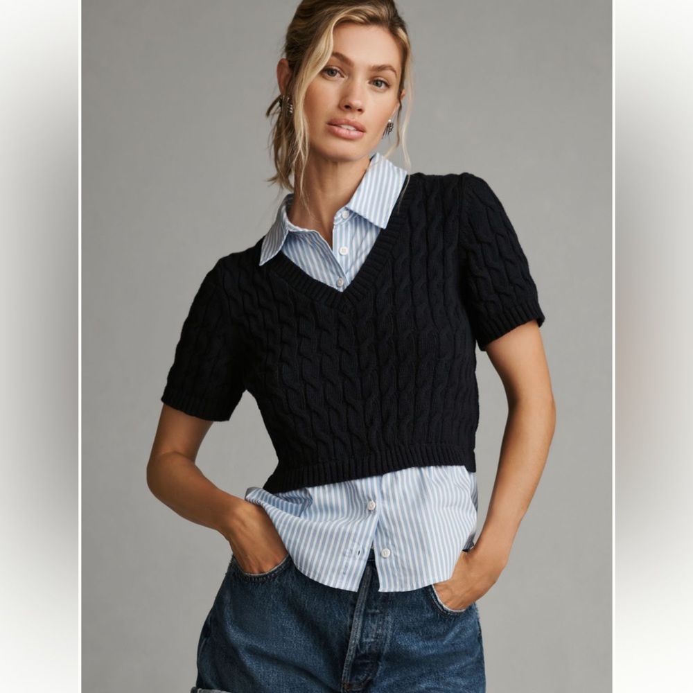 Maeve cable short sleeve twofer sweater top